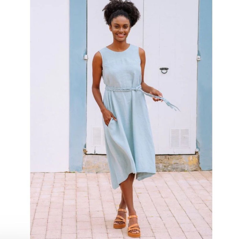 Magic Linen Nida Dress Dusty Blue Asymmetric Hem Sleeveless Braided Belt Medium